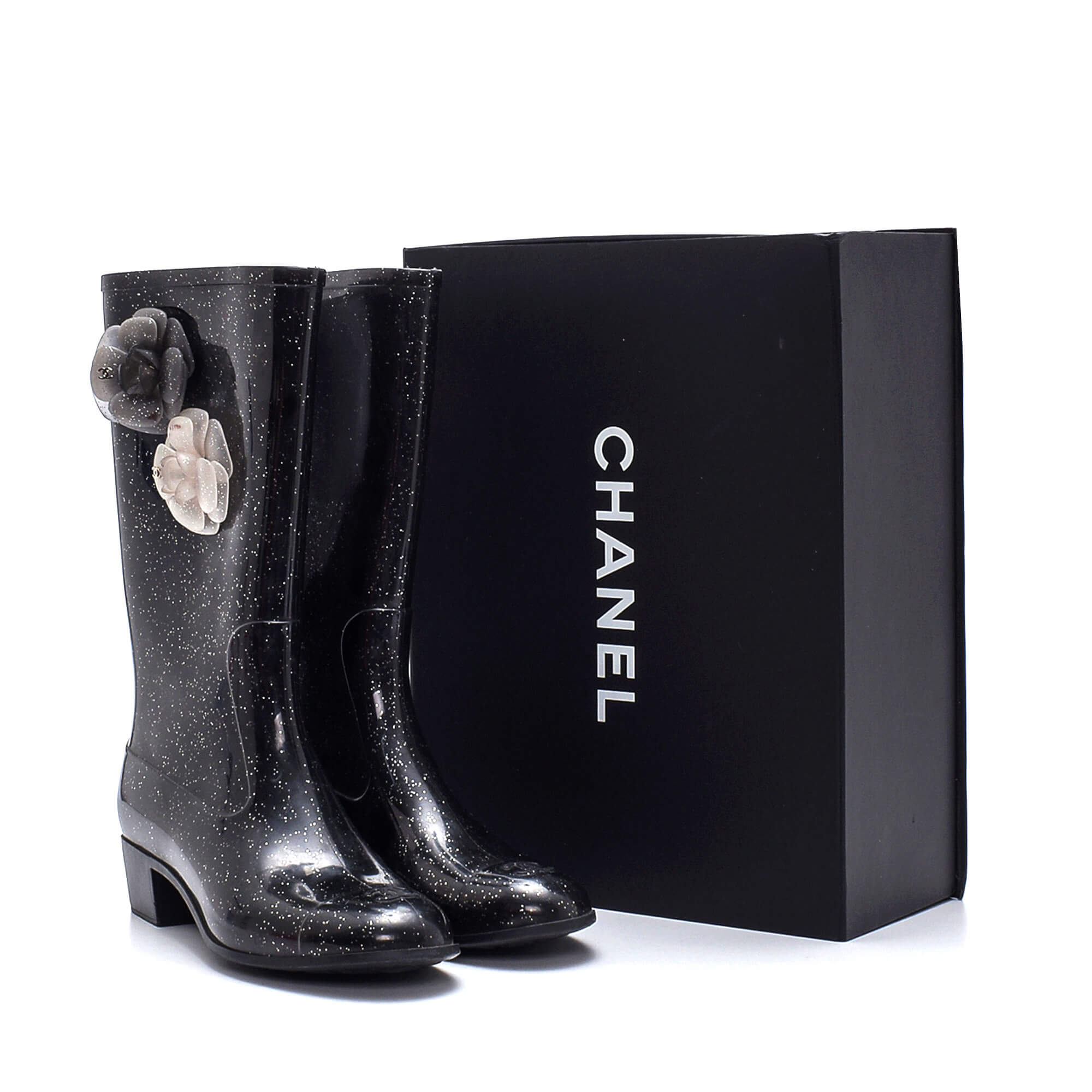 Chanel - Black Shiny Rubber Camellia Rain Boots 